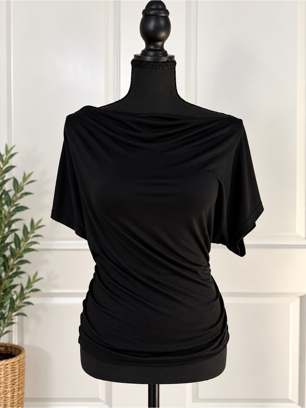 Fashion Nova Black Draped Ruched Boatneck Top